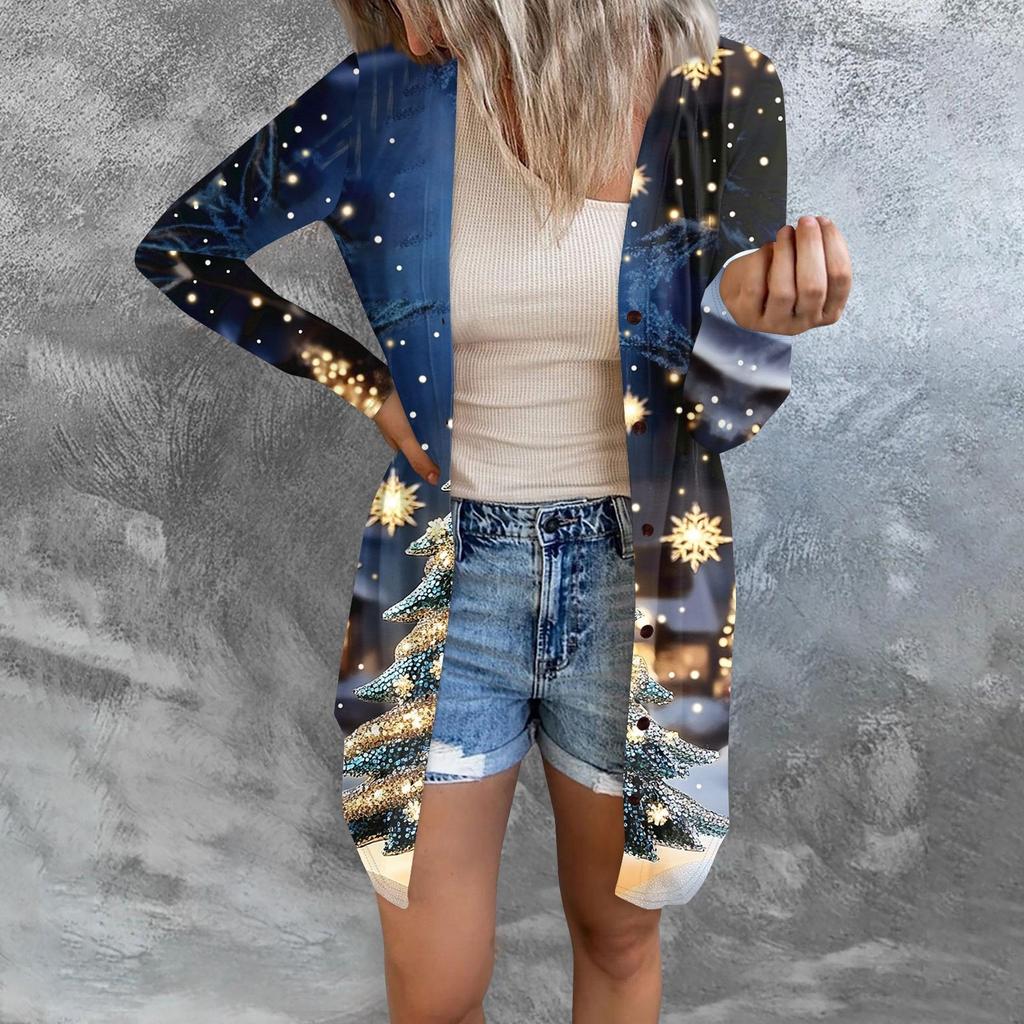 Women's Fashion Casual Long-sleeved Print Medium Length Cardigan Button Jacket Coat