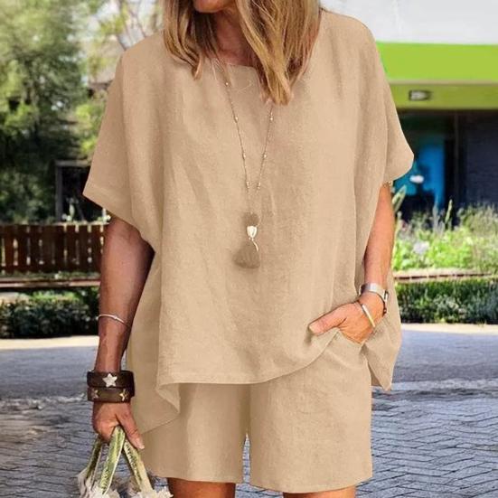Yousheng Women's Cotton Linen 2-Piece Outfit Short Sleeve Crewneck Pullover Top And Shorts Set with Pockets Summer Casual Loungewear Tracksuit