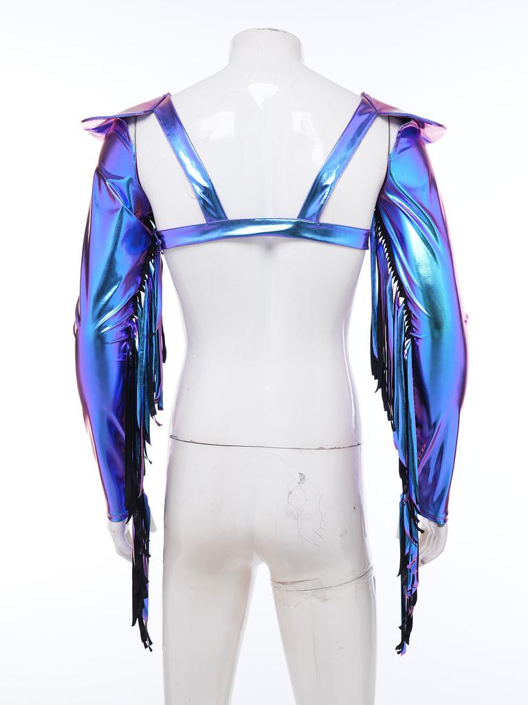 M-3XL Men Metallic Shiny Fringed Arm Sleeves Long Sleeve with Tassels Structured Epaulet Adjustable Chest Harness Club Party Crop Top