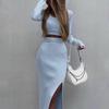 Women's Solid Color Knit Long-Sleeve Top & Midi Slit Wrap Skirt Set