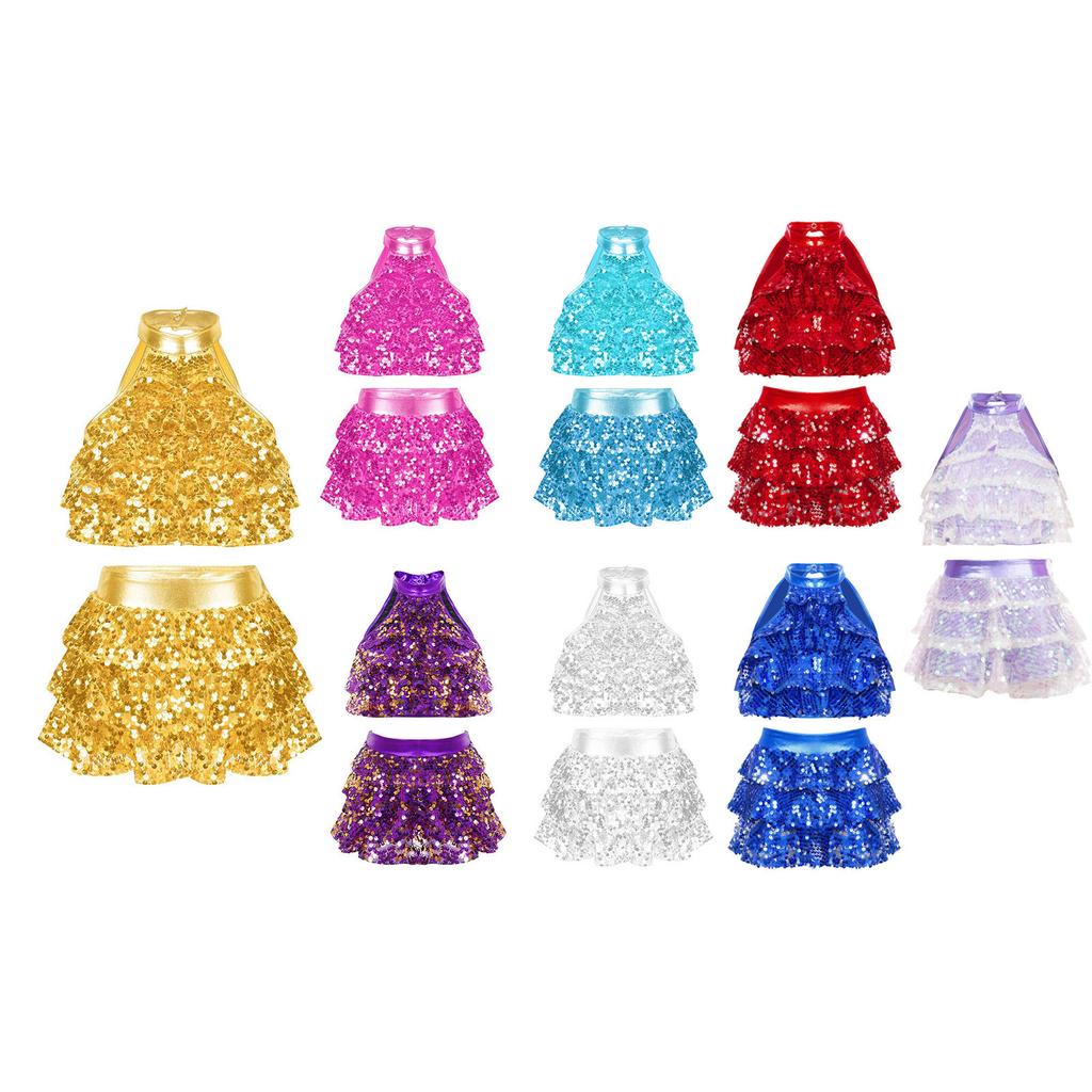 Girls Sparkling Dance Set Sleeveless Round Collar Backless Shiny Sequins Tiered Crop Top Elastic Waist Skirt