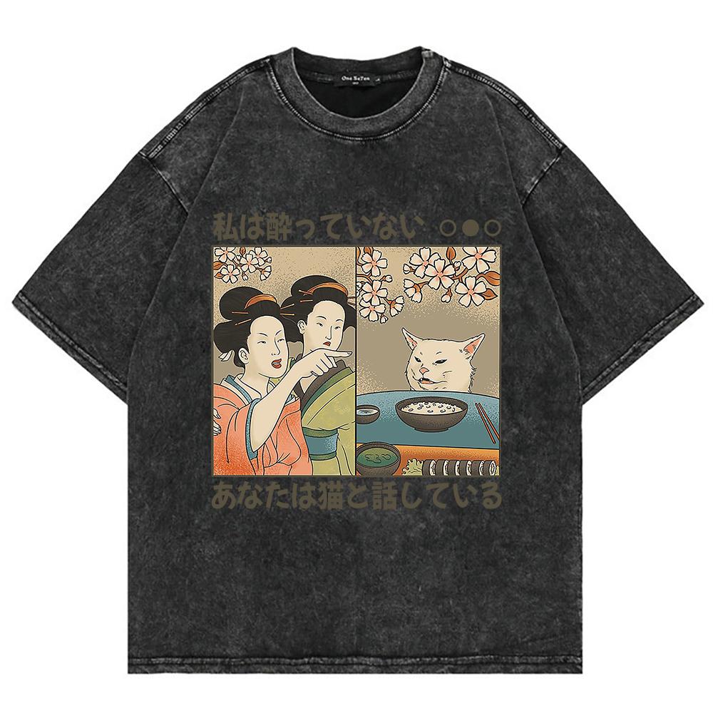 100% Хлопковая Футболка Забавная Футболка с Мультяшным Котом в Японском Стиле Ретро Мужская/женская Футболка Винтажная Оверсайз Топы Минеральной Стирки
