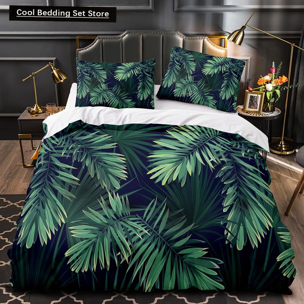Тропические растения Цветочный пододеяльник King Queen Комплект постельного белья с зелеными пальмовыми листьями Кремовые цветы 2/3 шт. Полиэстеровый пододеяльник