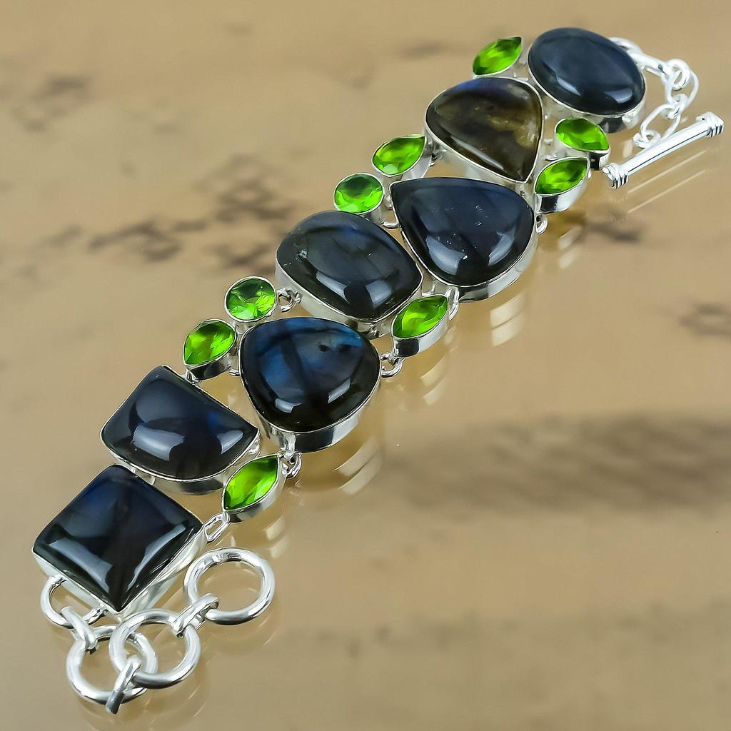 Лабрадорит Драгоценный камень Перидот Жена Уникальный Цепочный Браслет Ювелирные изделия Стерлинговое серебро