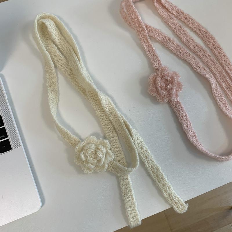 Elegant Autumn And Winter Handmade Flower Decorated Long Scarf Girls Chic Thin Scarves 180*1.5cm