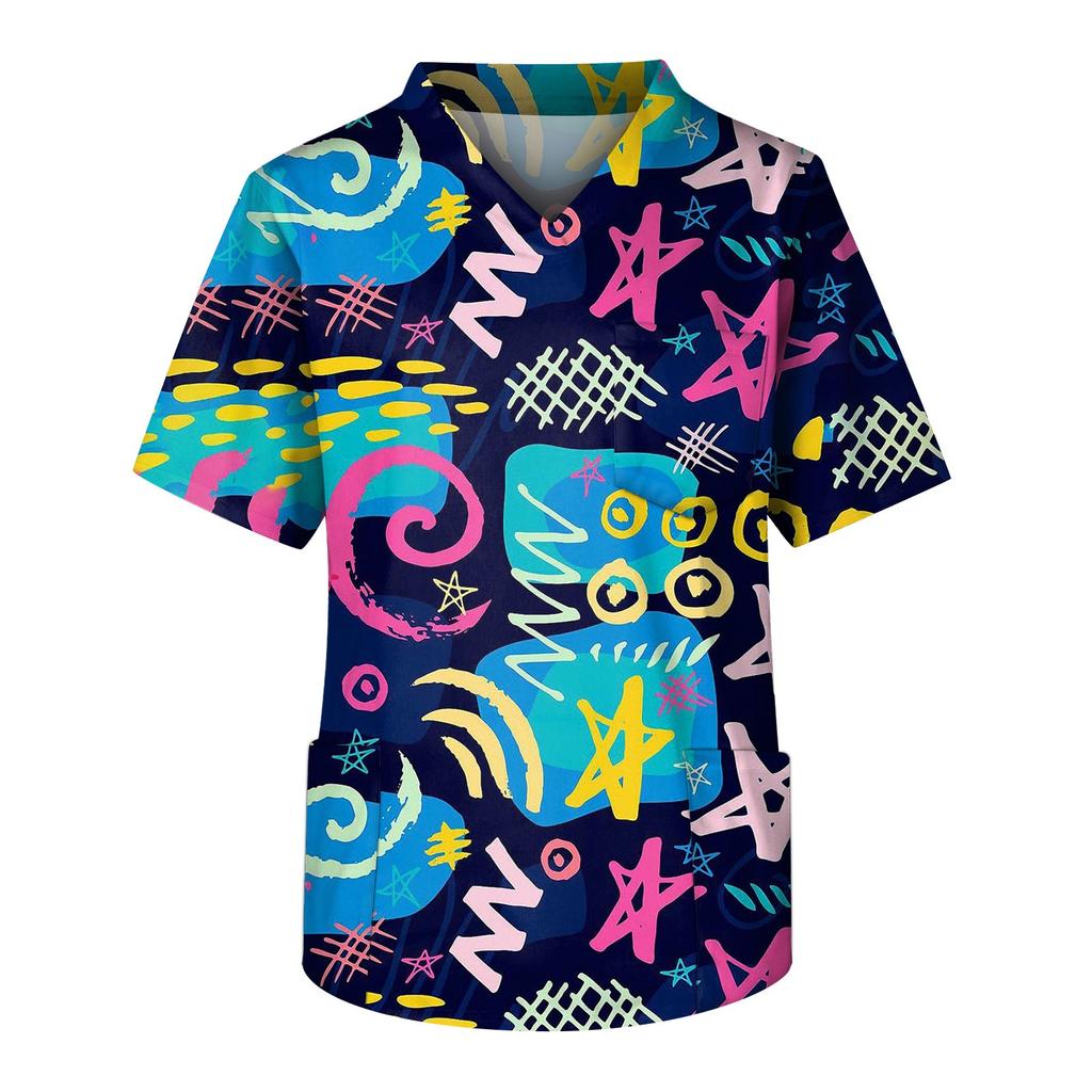 Мужская рабочая блузка с короткими рукавами и v-образным вырезом с принтом, топ с нагрудным карманом