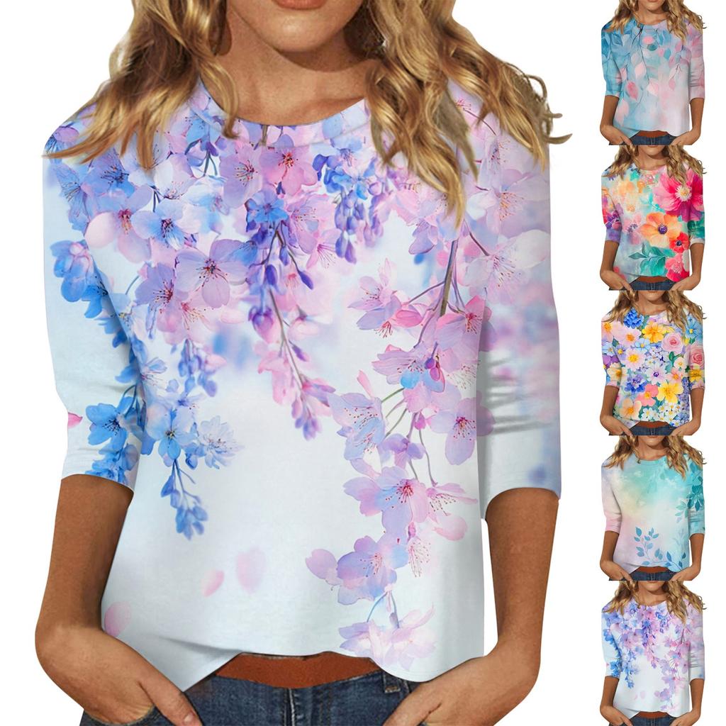 Women's Fashion Casual Round Neck 3/4 Sleeve Loose Printed T-Shirt Ladies Top