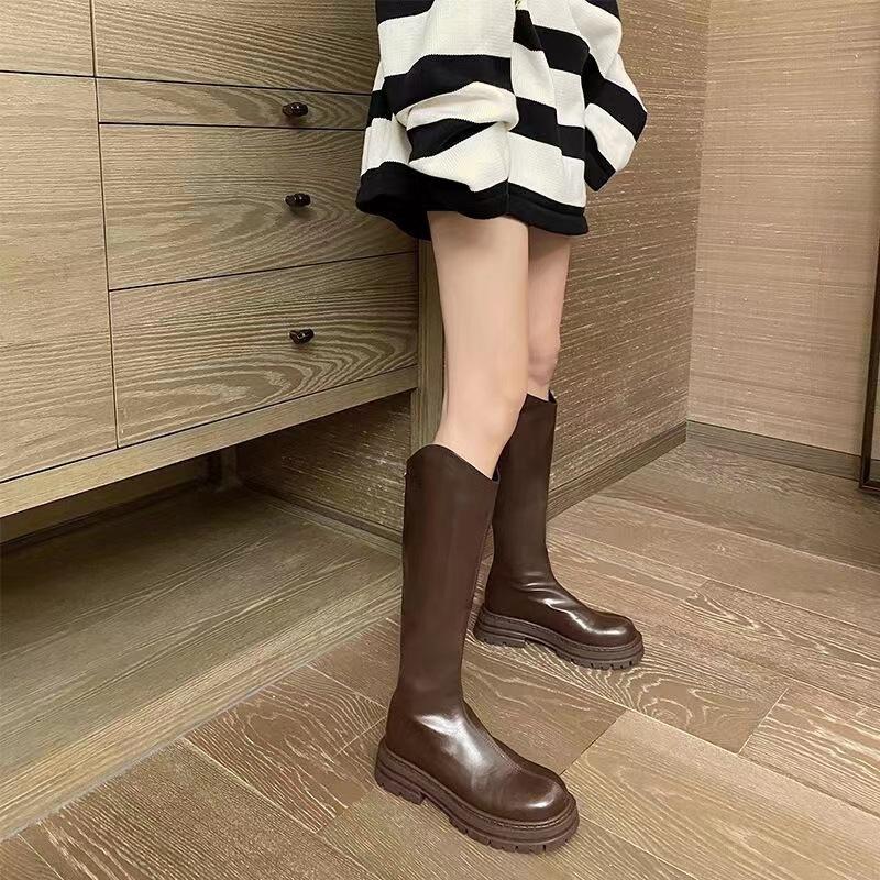 Эластичные сапоги до колена с V-образным вырезом, женские, 2024, новые рыцарские сапоги с застежкой-молнией сзади, высокие сапоги на толстой подошве, тонкие сапоги