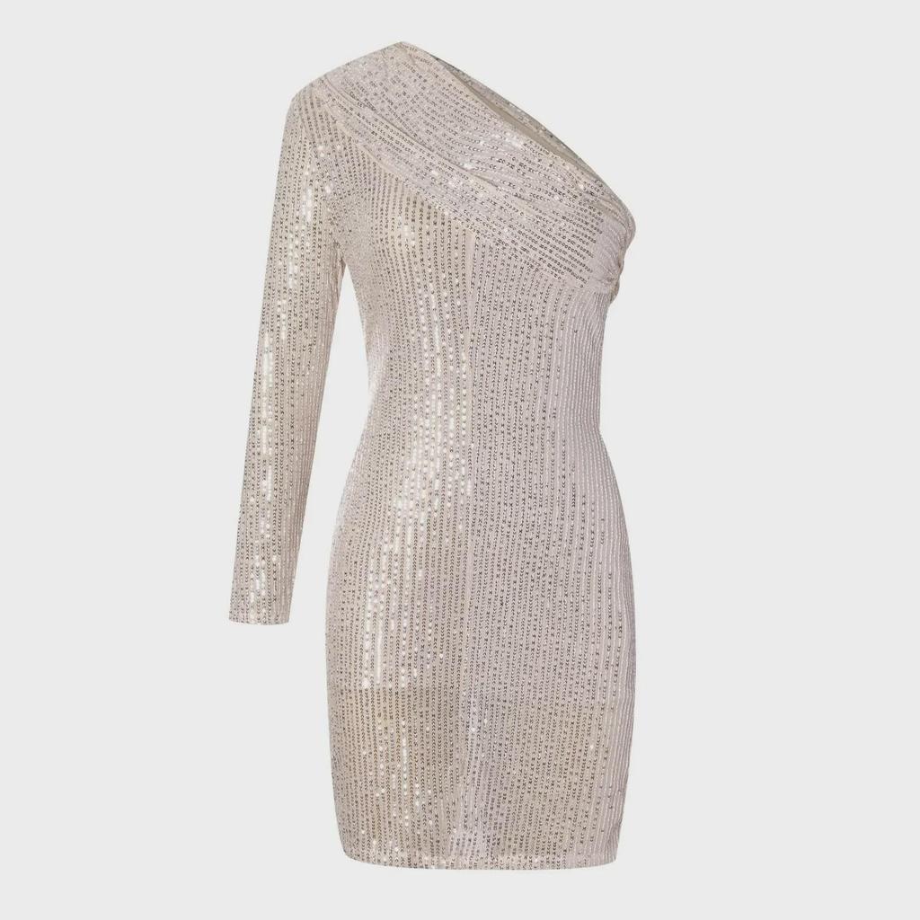 2025 European/American One-Shoulder Sequin Evening Dress with Oblique Collar