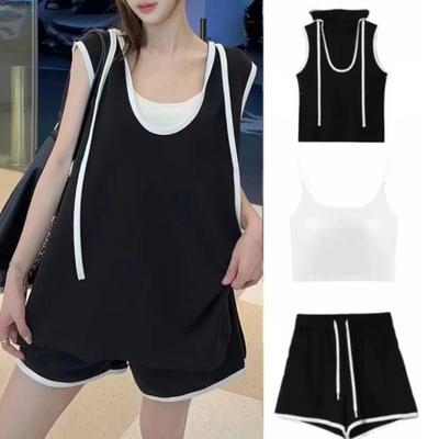 3 шт./комплект женский укороченный топ жилет шорты комплект Ice Silk контрастного цвета с капюшоном без рукавов эластичный пояс шорты спортивный наряд