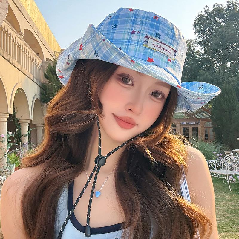 American retro plaid bucket hat women's summer sunshade sunscreen basin hat versatile face little stars embroidered big eaves hat