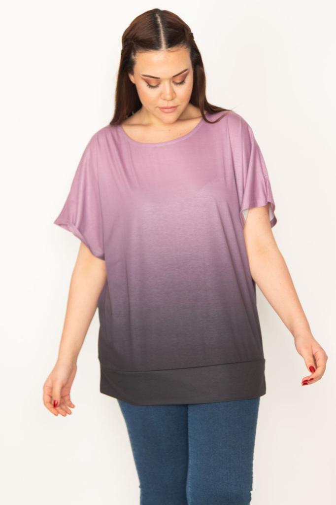 Женская блузка большого размера, сиреневая блузка с полосками и низкими рукавами, с рисунком батика больших размеров