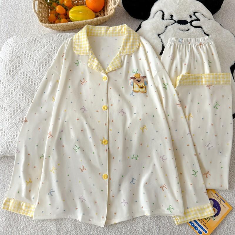 Cartoon Cute Bear Pajamas Set Women Long Sleeve Open Front Loungewear Fall Winter