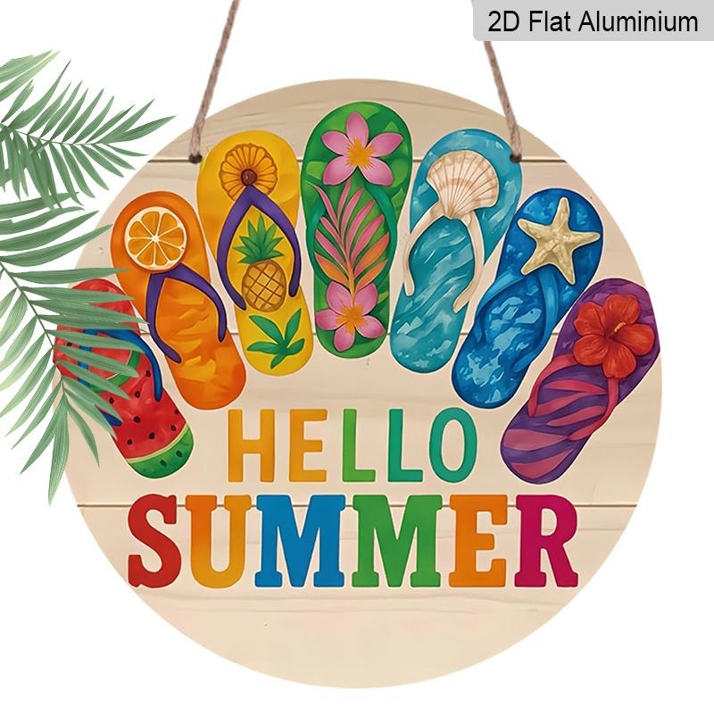 2D Flat, 1pc Aluminum Flip Flops Hello Summer Wall Sign - Retro Beach House Decor with Flip-Flop Design, Lightweight Suitable for Bedroom, Kitchen