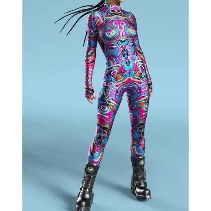 Женский облегающий комбинезон, одежда, красочный 3D принт, доспехи, зентай, боди, рукава для большого пальца, молния спереди, карнавальный костюм, наряд для вечеринки