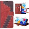 Case for Xiaomi Redmi Note 11-Note 11S, Two-Tone PU Leather Pattern Protection with Adjustable Stand, Red + 2 Tempered Glasses