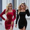 Ladies Long Sleeve Elegant Solid Color Velvet Sexy Party High Split Pencil Dress