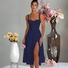 Женское дизайнерское платье с открытой спиной на тонких бретельках, сплошное цветное платье длиной до колена с v-образным вырезом и высокой талией