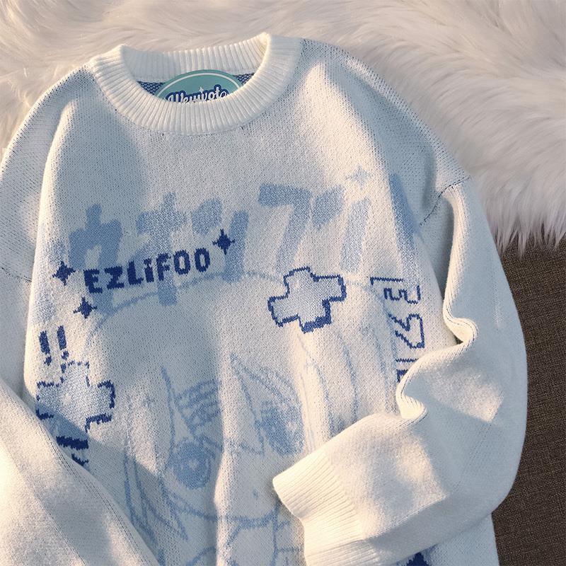 Двумерные свитера для девочек в японском стиле, женские свободные пуловеры с длинными рукавами в стиле ретро, ​​повседневные универсальные свитера для пары