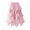 Women Cake Skirt Mid-rise Elastic Waist Irregular Hem Midi Skirt Solid Color Mesh Swing Long Skirt Daily Wear