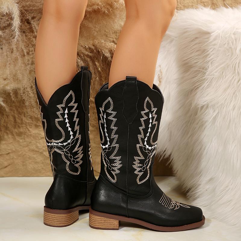 Модные женские вышитые полусапоги с квадратным носком, ковбойские сапоги в стиле вестерн, удобные женские сапоги на низком каблуке из искусственной кожи, Rdding Botas Mujer