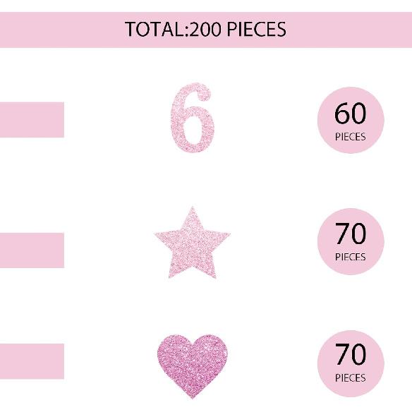200PCS Number 6 Confetti, Pink Glitter 6th Birthday Paper Confetti, Twinkle Star/Sweet Heart Cut Out for Girls, 6th Anniversary Party Decoration