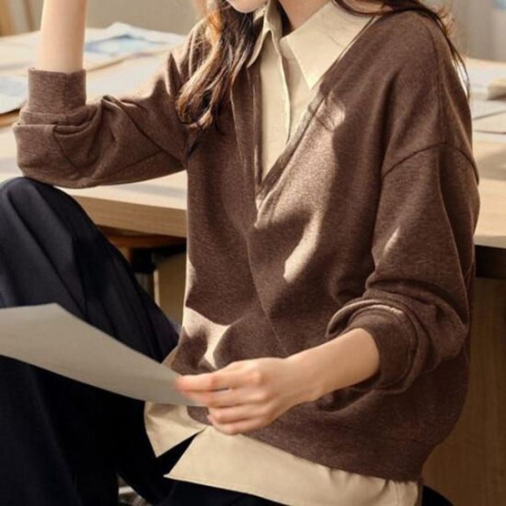 Navava Women Casual Layered Two In One Collar Long Sleeve Sweatshirt Nt3171