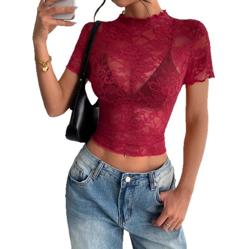 Новый весенне-летний топ с полувысоким воротом, кружевом и черными ушками, тонкий сексуальный, утягивающий