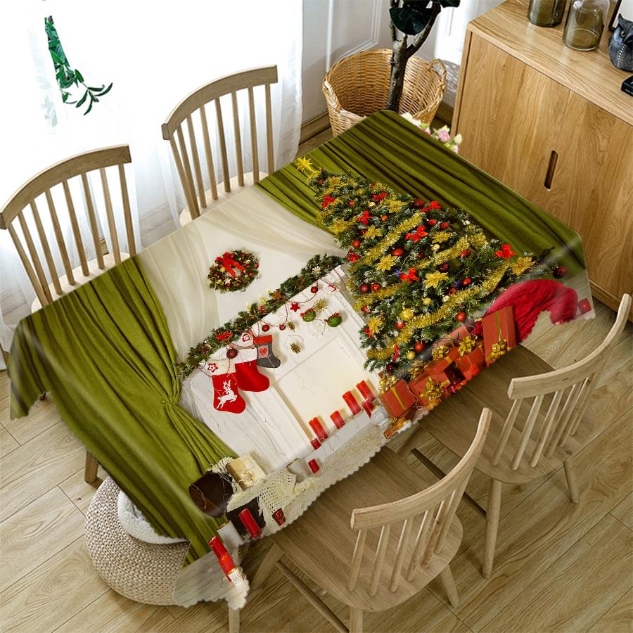 Thicken Cotton Christmas Tablecloth Fireplace Christmas Socks Pattern Rectangular Round Table Cloth For Wedding Picnic Party