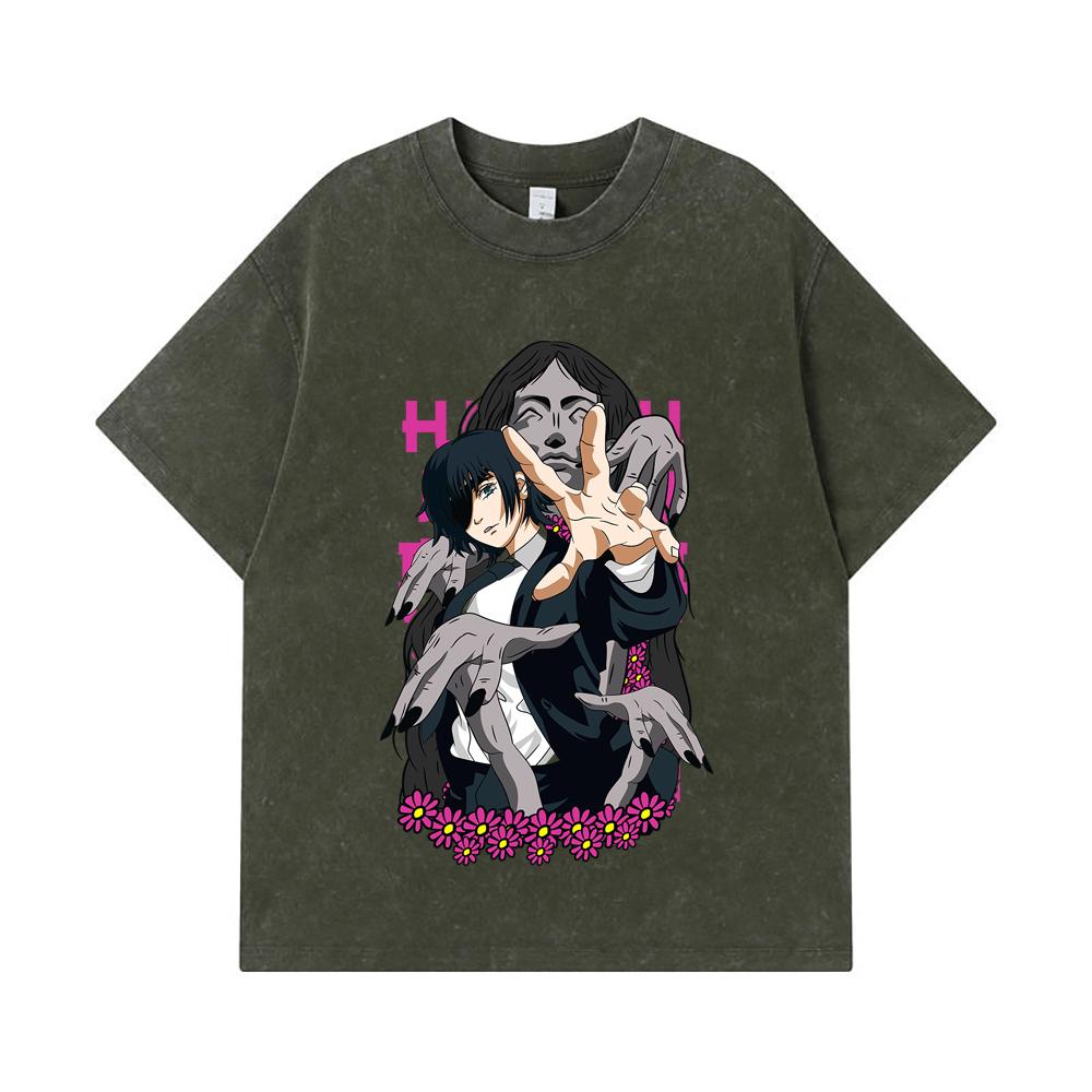 275 GSM Washed T-shirts 100% Cotton Chainsaw Man V24 Himeno Print Unisex Heavy Cotton T Shirt