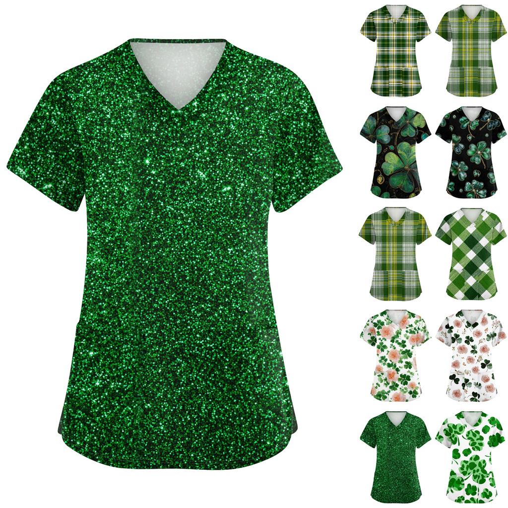 Ladies' St. Patrick Print Fashionable V-neck Pocket Short Sleeved Uniform And Caregiver Top