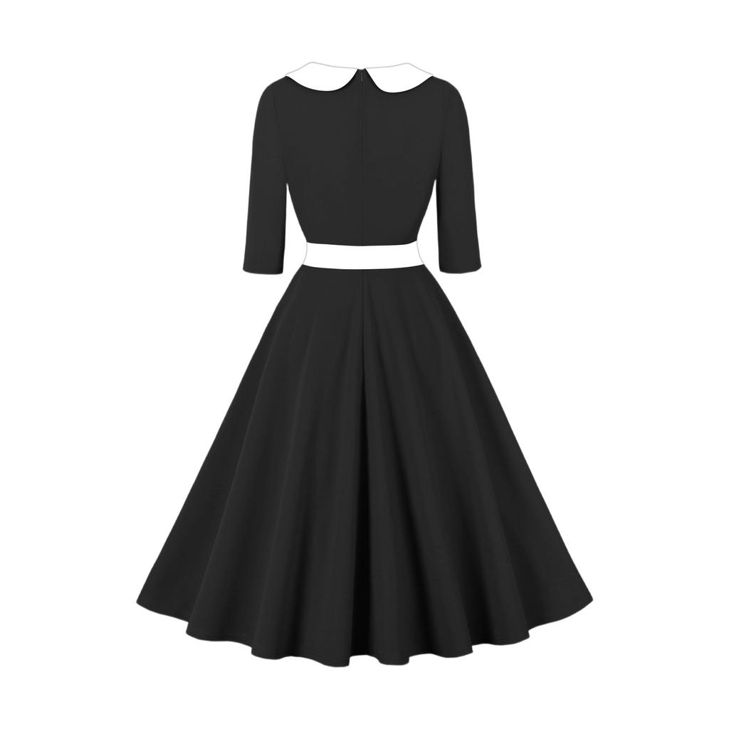 Женское платье миди с рукавом три четверти, однотонное, в стиле ретро, с воротником-стойкой и большой юбкой-клеш