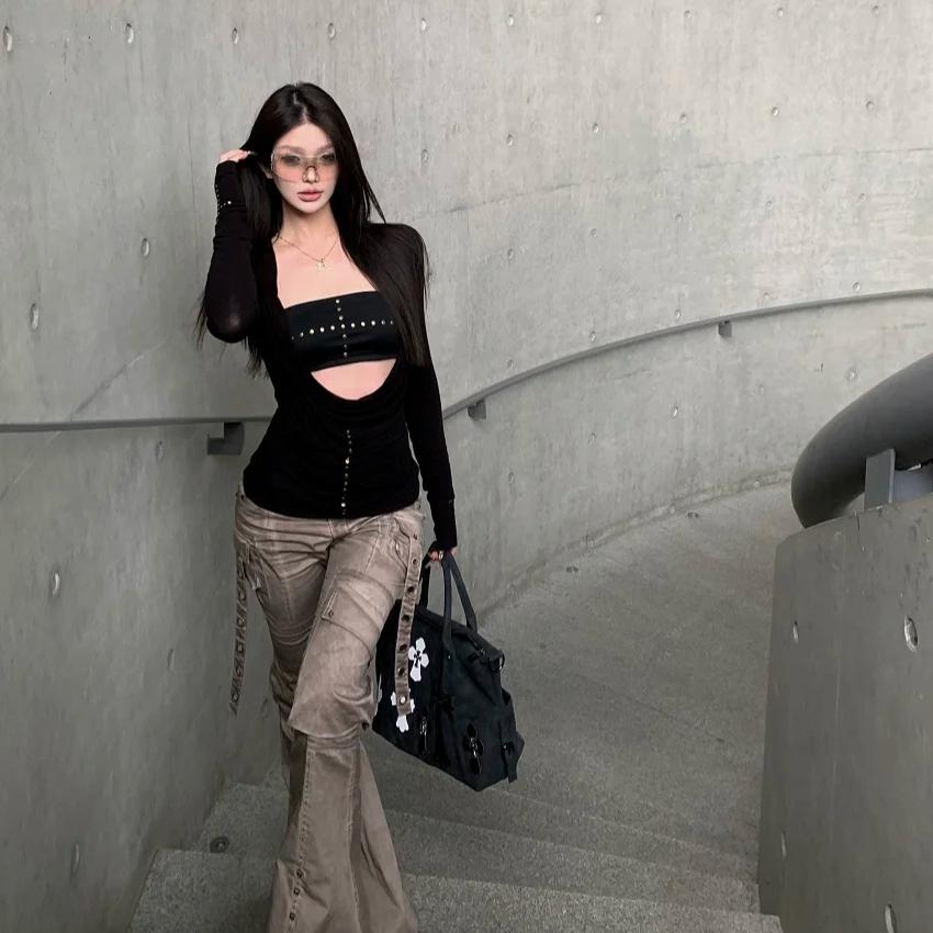VAYLA Y2k Панк Топ из двух частей Необычный топ с заклепками + Безрукавная майка Уличная одежда Американский Ретро 90-е Черный Топ Футболка E-girls