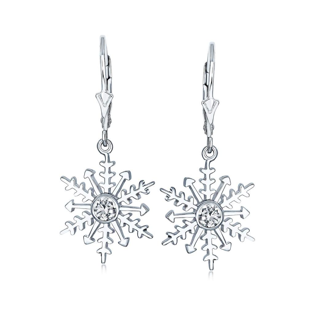 Winter Holiday Party Christmas Drop Dangle Clear Star Snowflake Earrings for Women and Sterling Silver Lever "Frozen Teens. .925 Back"