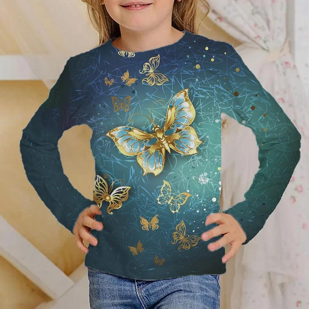 Children's Colorful Butterfly 3D Digital Printed Girl's Casual and Comfortable Round Neck Long Sleeve T-shirt