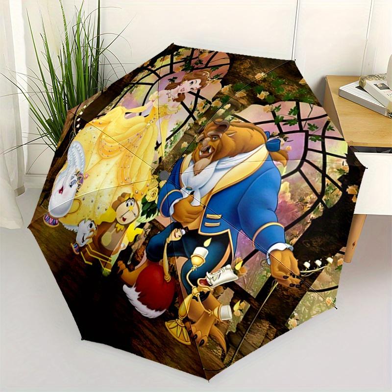 1pc Beauty and the Beast Auto Open Close Umbrella, Portable 3-Fold Design with 8-Bone Iron Frame, Outdoor Umbrella for Fans, Travelers, Dail