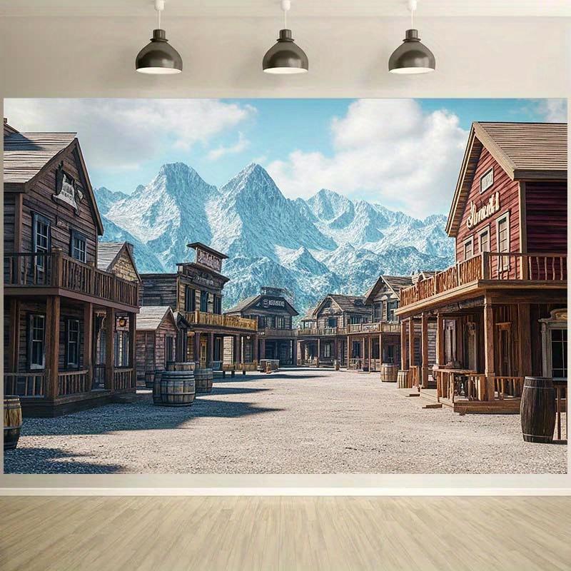 1pc Western Town Theme Background with Wooden Bar Rural Bucket and Snow Mountain