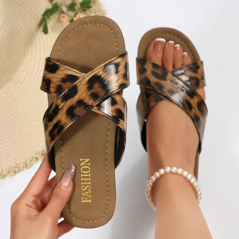 Мода 2025 Лето Открытый Носок Женские Тапочки Модный Леопардовый Принт Уличные Повседневные Новые Большие Размеры Бестселлер Легкие Плоские Тапочки Zapatos
