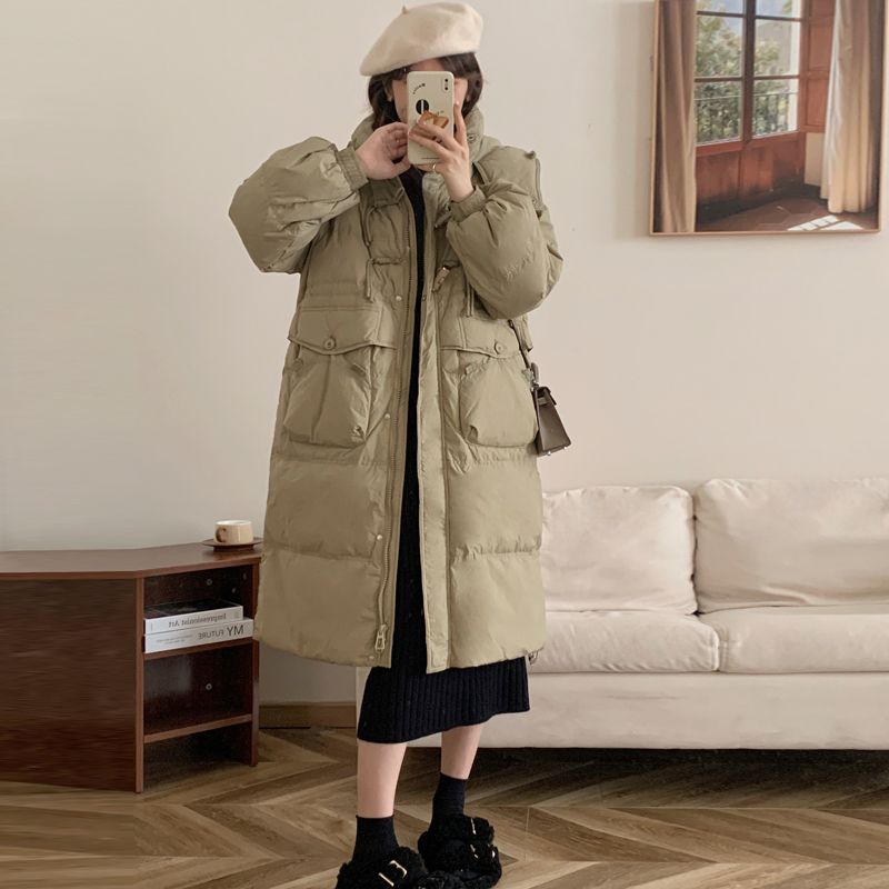 Women's Long Loose Light Down Jacket Autumn Winter Hooded Straight White Duck Down Coat Stand Collar Big Pocket Solid Color