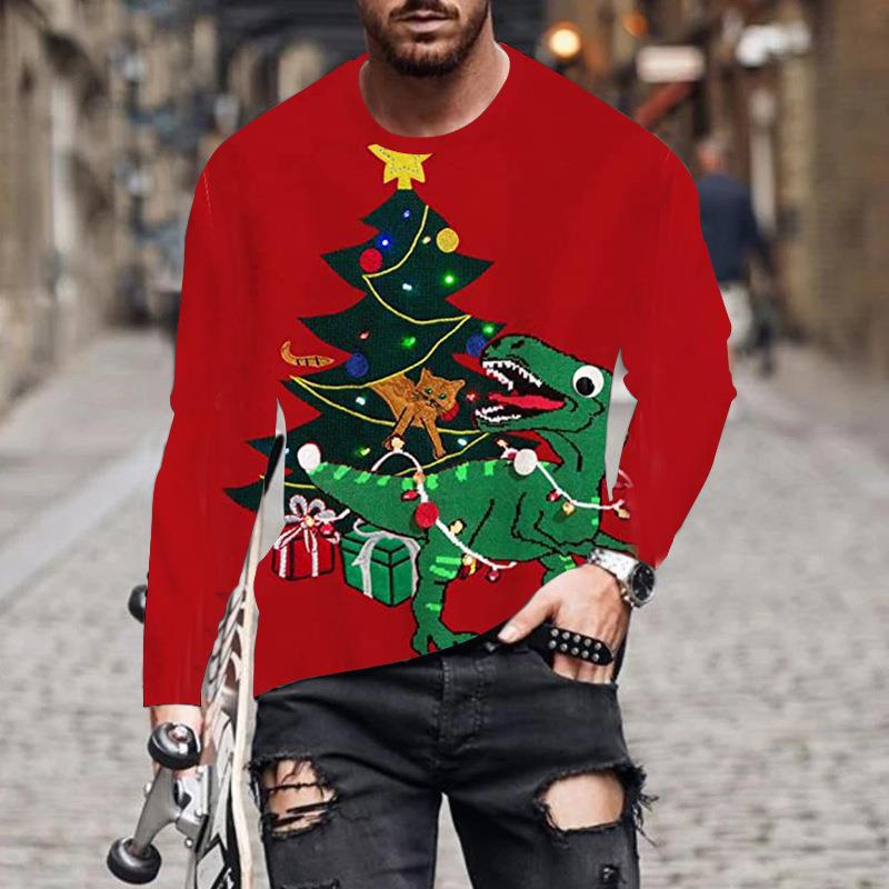 Осенняя футболка, новая мужская футболка с длинным рукавом и цифровым принтом, свободная толстовка с круглым вырезом и рождественским принтом, 3D футболка
