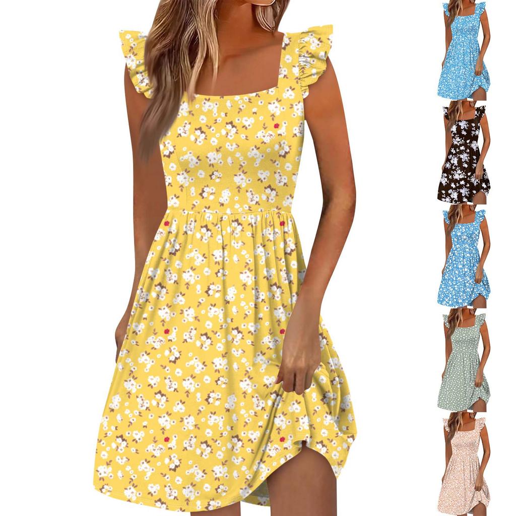 Women's Summer Casual Square Neck Dress With Pockets Cute Sleeveless High Waisted A-Line Vest Midi Dress