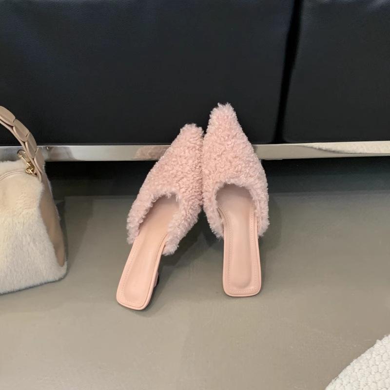 New Slippers Women's Fashion Temperament Beautiful Color Fluffy Half Slippers Women's Stiletto High Heel Bag Drag High Heels Winter