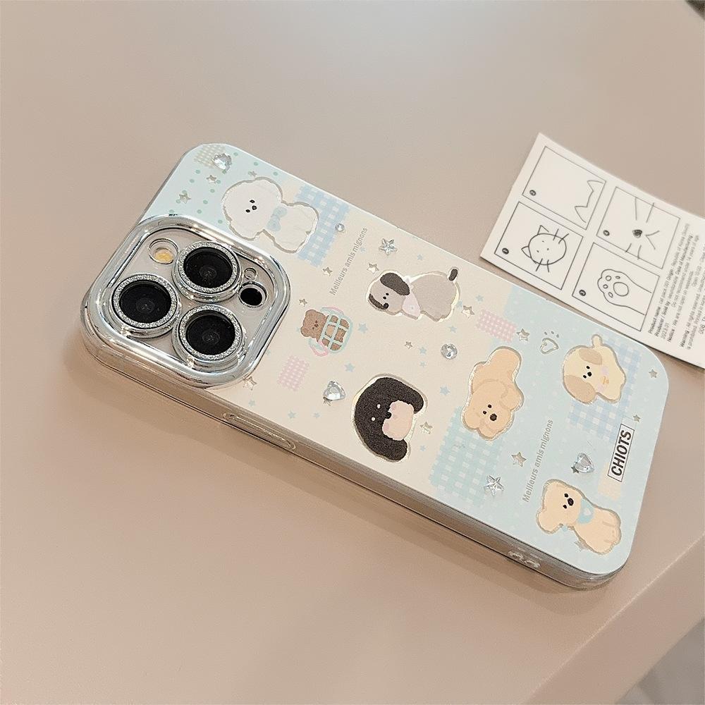 Plaid puppy cartoon phone case suitable for iPhone 15, 17 Pro Max, with lens film, iPhone 16, anti-drop, 12 feather yarn