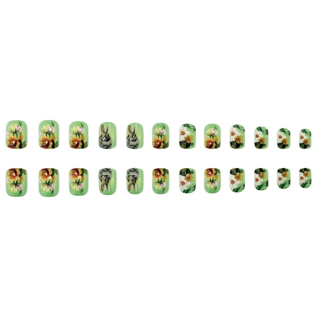 Easter Theme Green Square Fake Nails Reusable Long Lasting Press on Nails for Working Dating or Partying