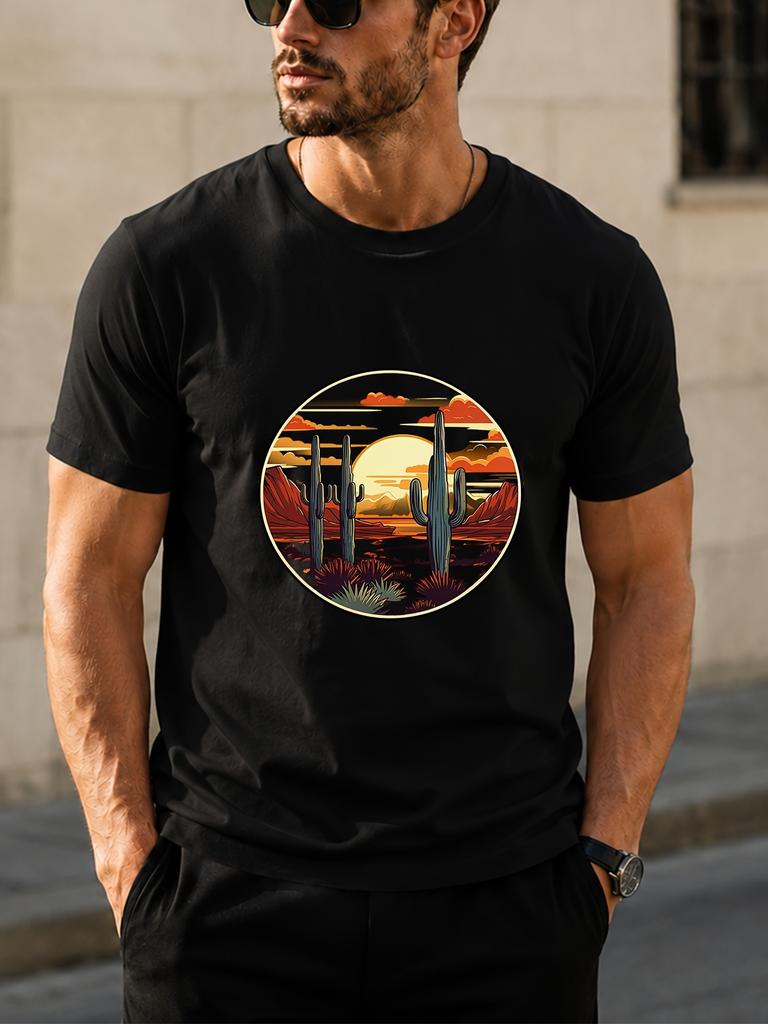 1pc Desert Sunset Cactus Scenery unisex T-Shirt with Printed Pattern - Suitable for Daily Wear - Casual and Versatile - Summer Item - Pure Cotton Top
