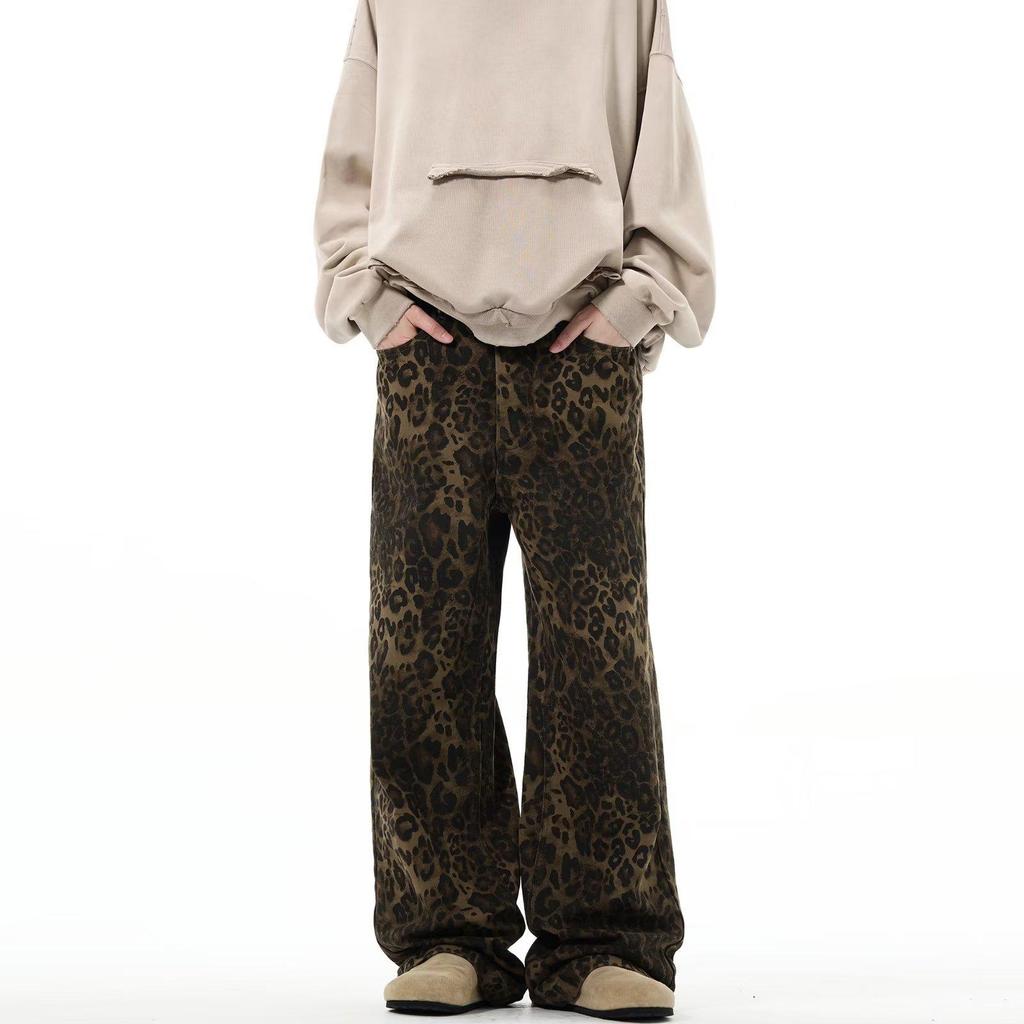 Свободные джинсы унисекс с ретро-леопардовым принтом — повседневный европейский и американский стиль