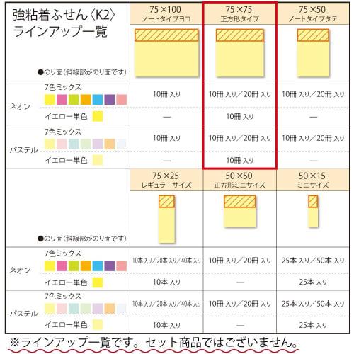 KOKUYO Sticky Notes Strong Adhesive K2 75mm X 75mm Pastel 90 Sheets X 10 Books 7 Colors K2 Me-KP7575X10