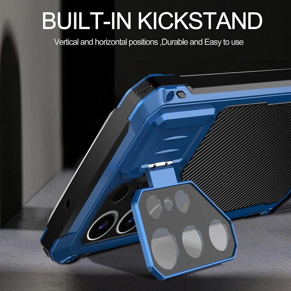 For Samsung Galaxy S25 Ultra Case Aluminum Alloy+Silicone Lens Kickstand Phone Cover with Tempered Glass Film