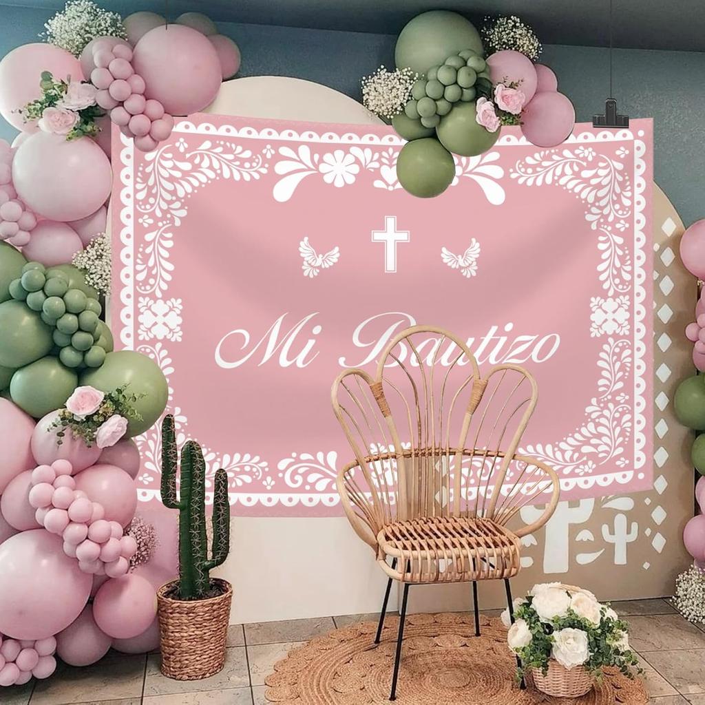 Mi Bautizo Banner Backdrop for Girl Pink Mexican Baptism Party Decorations God Bless First Holy Communion Photography Background Mexican Cielito