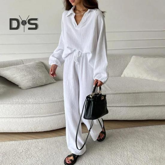 Женский повседневный комплект из двух предметов, свободный повседневный топ с длинными рукавами и штаны на шнуровке, женский наряд для отдыха с отложным воротником